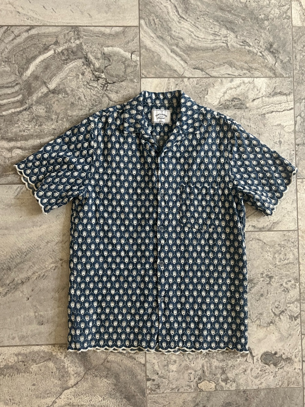 Portuguese Flannel Denim Navy Short-Sleeve Button-Down Embroidery Shirt